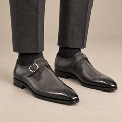 Dark Gray-Black Single Monk Strap Shoes with Toe Medallion — on-foot studio hero