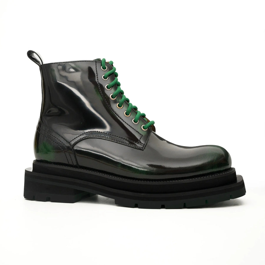 Green-Black Polished Lace-Up Boots DIVINCH