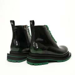 Green-Black Polished Lace-Up Boots DIVINCH