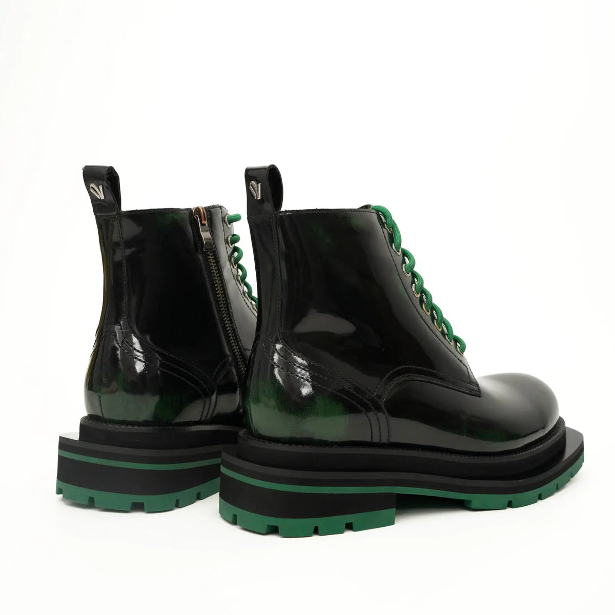 Green-Black Polished Lace-Up Boots DIVINCH