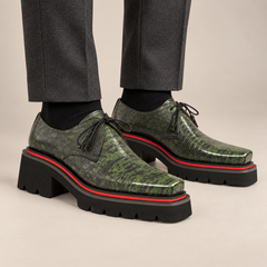 Green and Black Textured Lug Sole Derby Shoe DIVINCH on-foot studio view