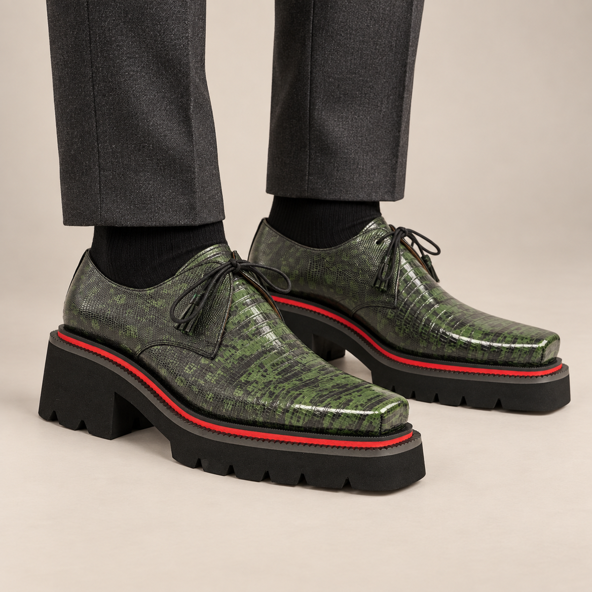 Green and Black Textured Lug Sole Derby Shoe DIVINCH on-foot studio view