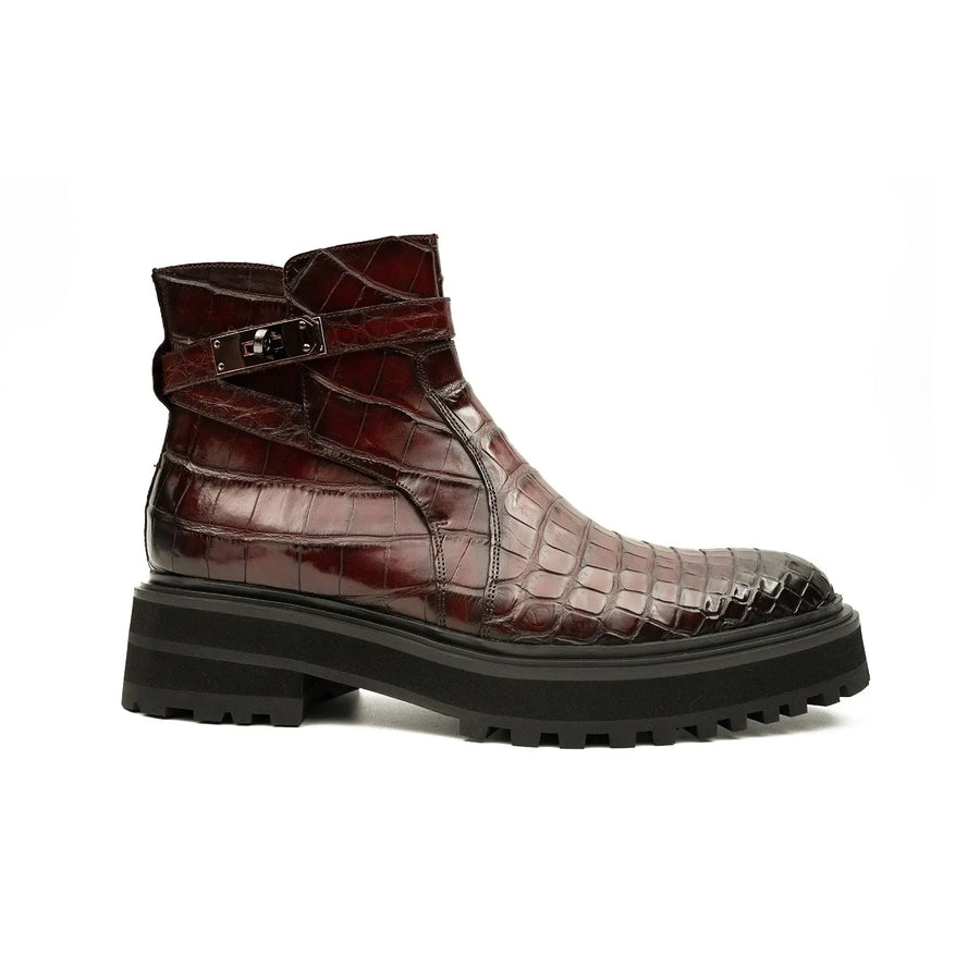 Burgunderrote Crocodile Chelsea-Stiefel mit Schnalle