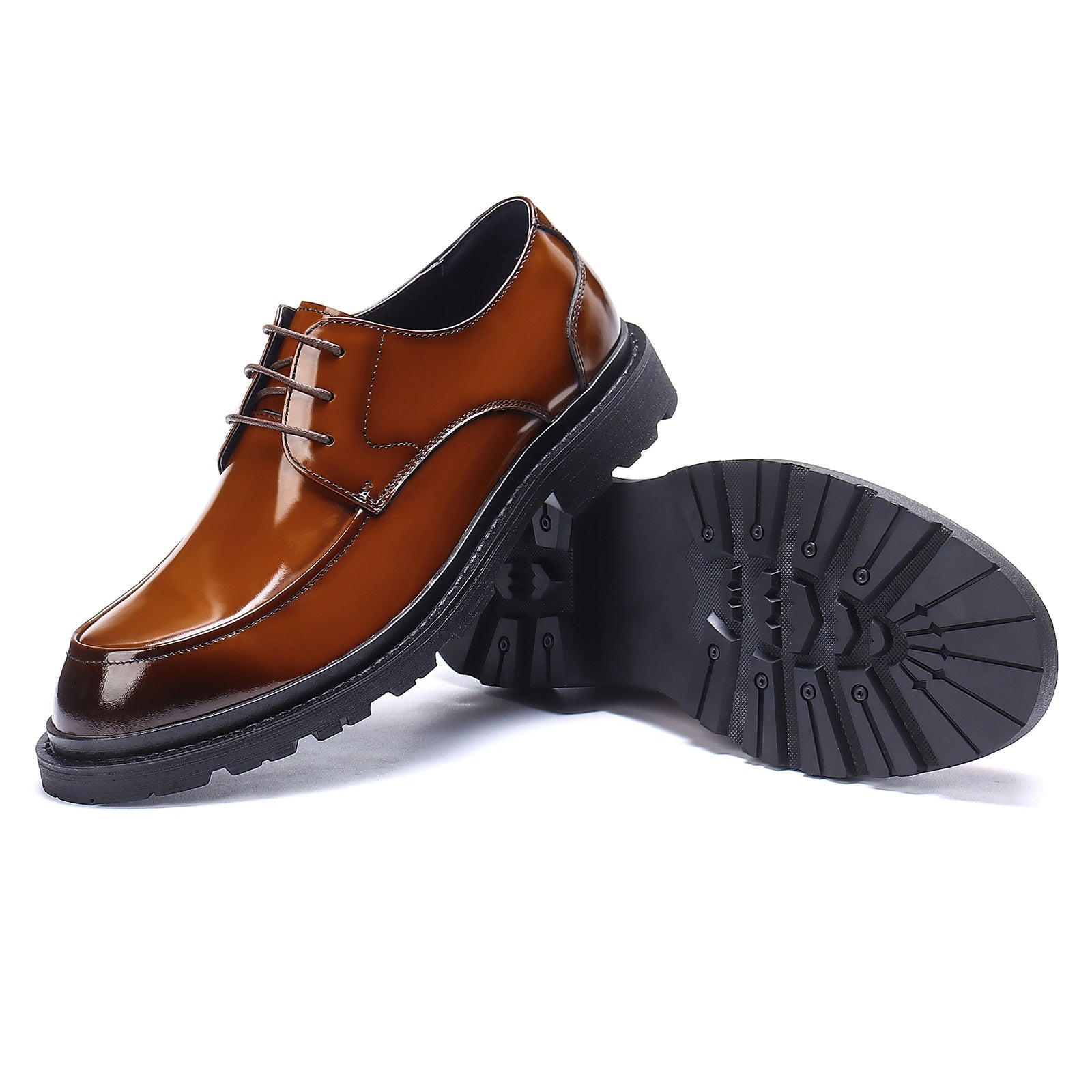 Patent leather glossy business derby shoes D23552 Brown - Divinch