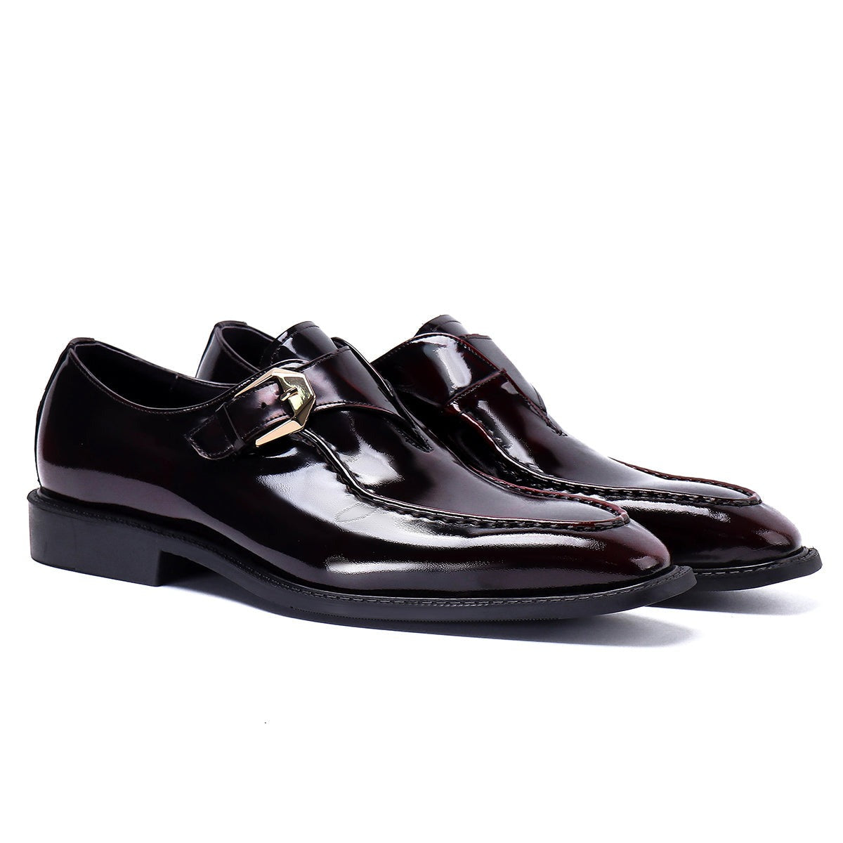 Formal Buckle Men's Genuine Leather Patent Leather Glossy Monk Shoes D68152 Wine red - Divinch