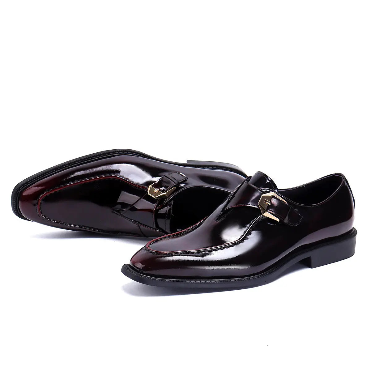 Formal Buckle Men's Genuine Leather Patent Leather Glossy Monk Shoes D68152 Wine red - Divinch