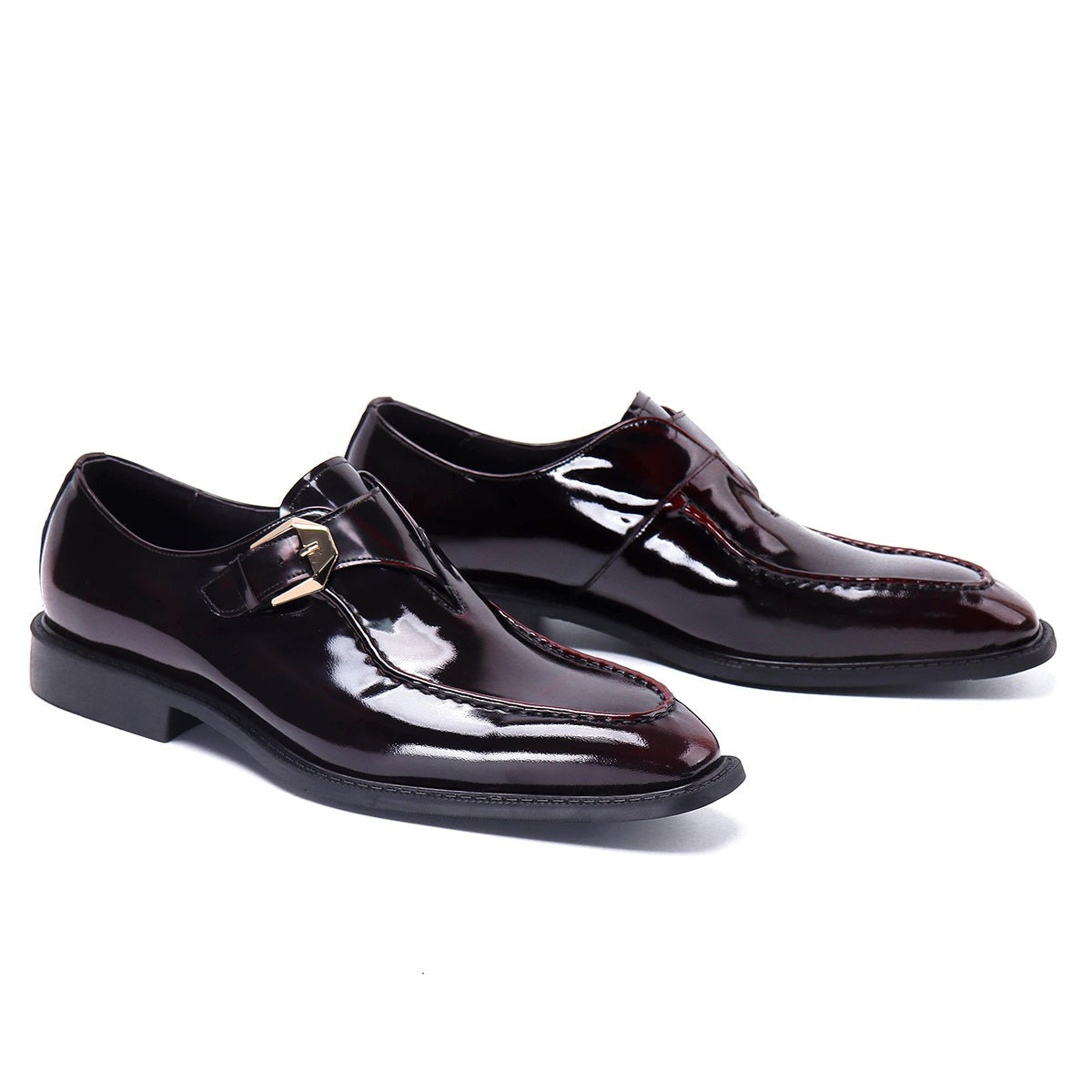 Formal Buckle Men's Genuine Leather Patent Leather Glossy Monk Shoes D68152 Wine red - Divinch