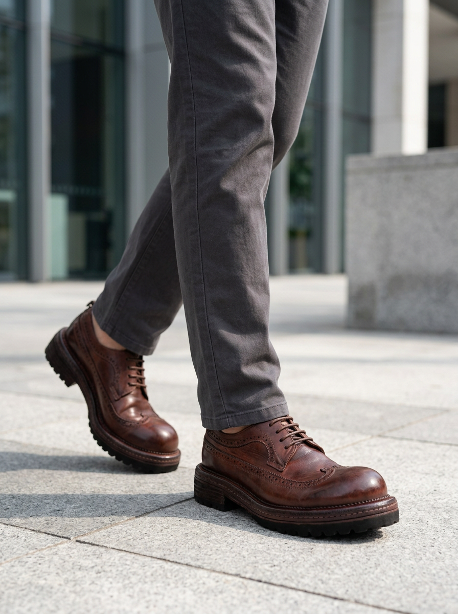 Washed Brown Brogue Lug Derby outfit scenario