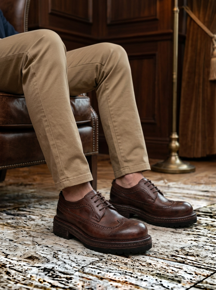 Washed Brown Brogue Lug Derby outfit scenario