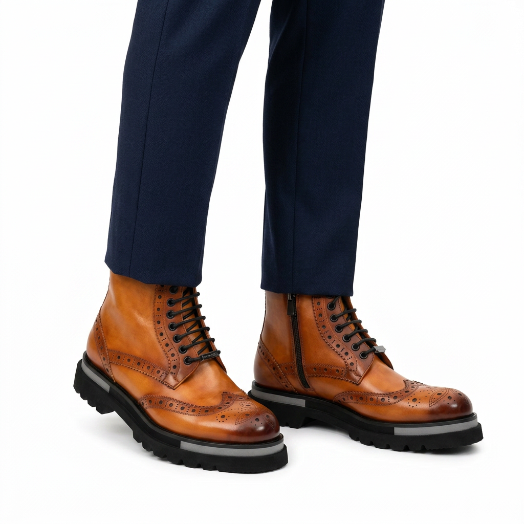 Cognac Brogue Lace-Up Ankle Boots