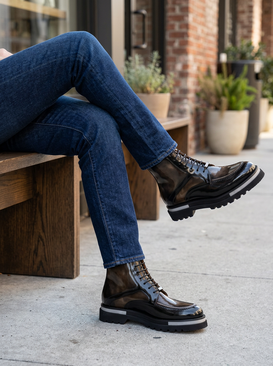 Black & Gold Patina Lace-Up Boots outfit scenario