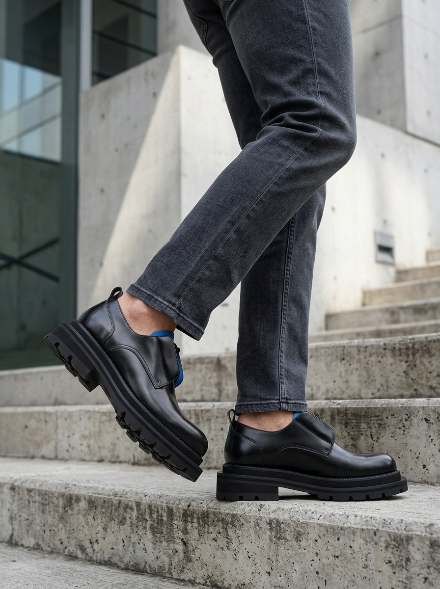 Zapatos derby de cuero negro con plataforma outfit scenario