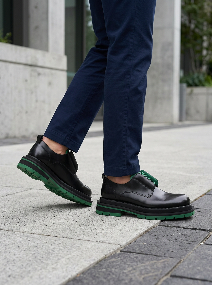 Black Green Lug Sole Derby Shoes outfit scenario