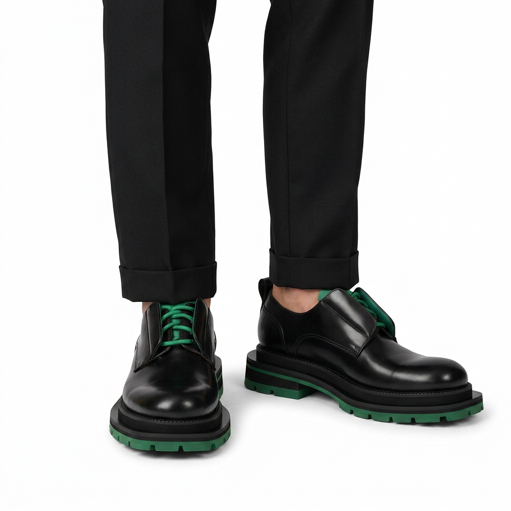 Black Green Lug Sole Derby Shoes
