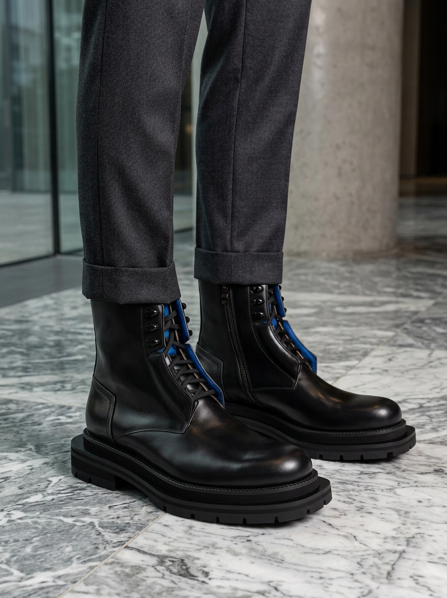 Black Blue Lug Sole Leather Boots outfit scenario