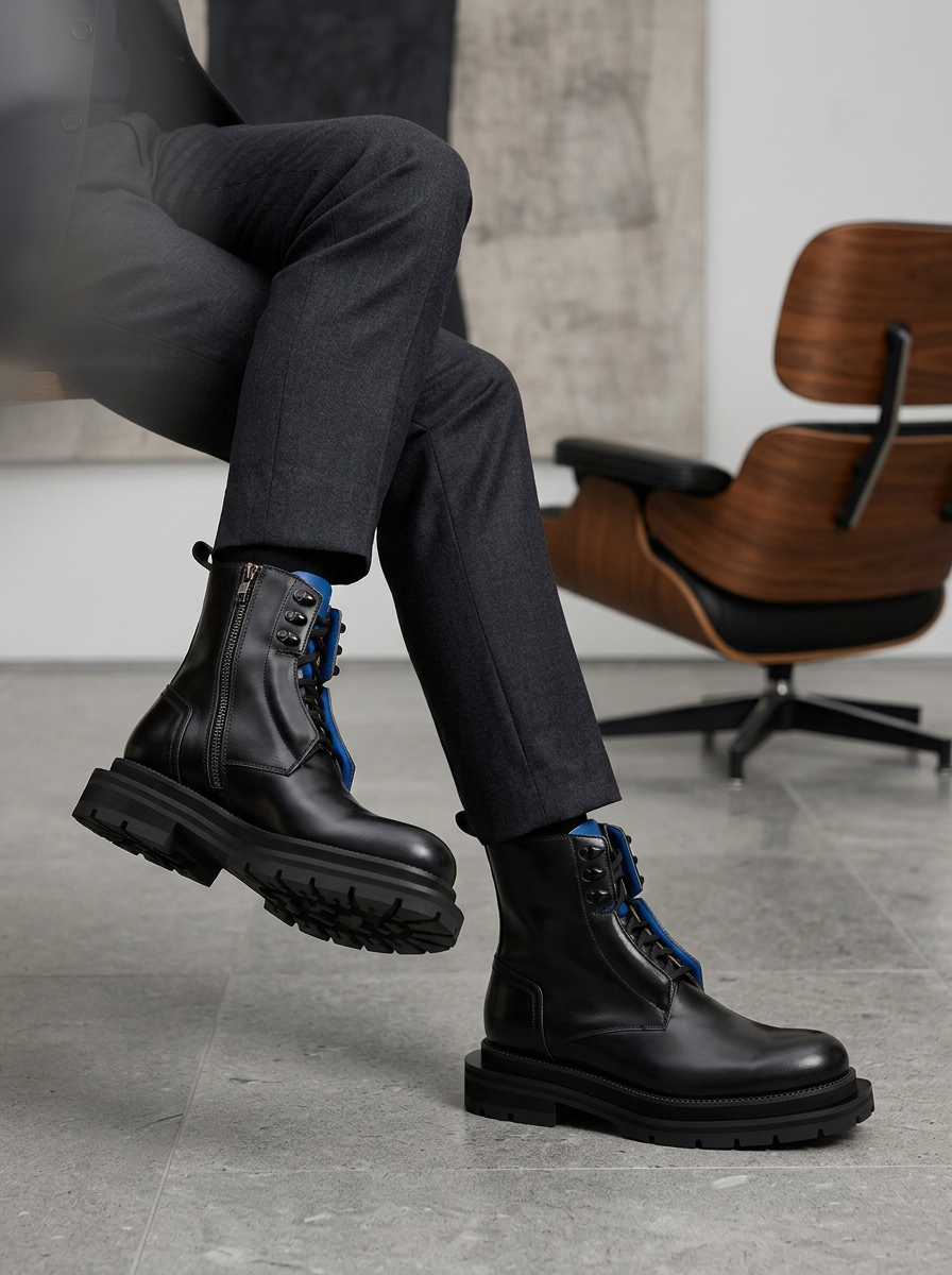 Black Blue Lug Sole Leather Boots outfit scenario