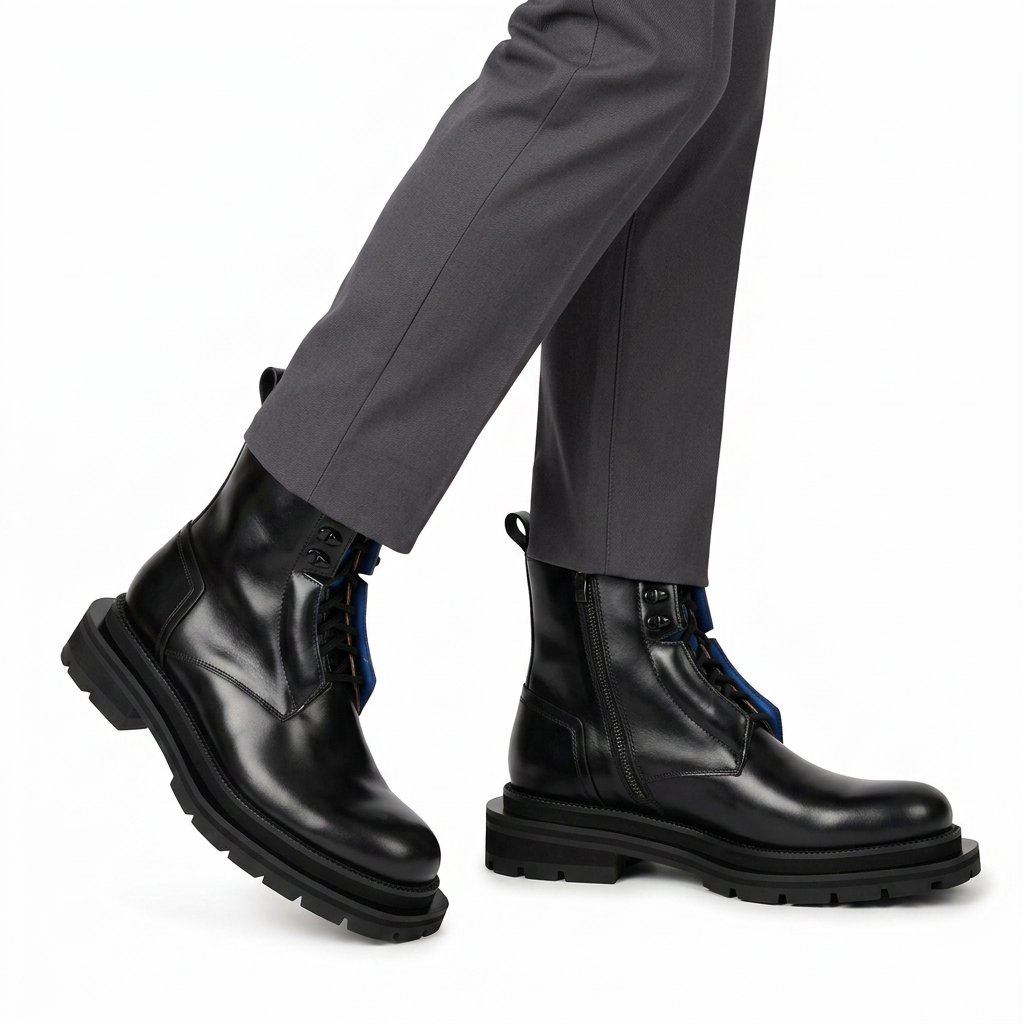 Black Blue Lug Sole Leather Boots