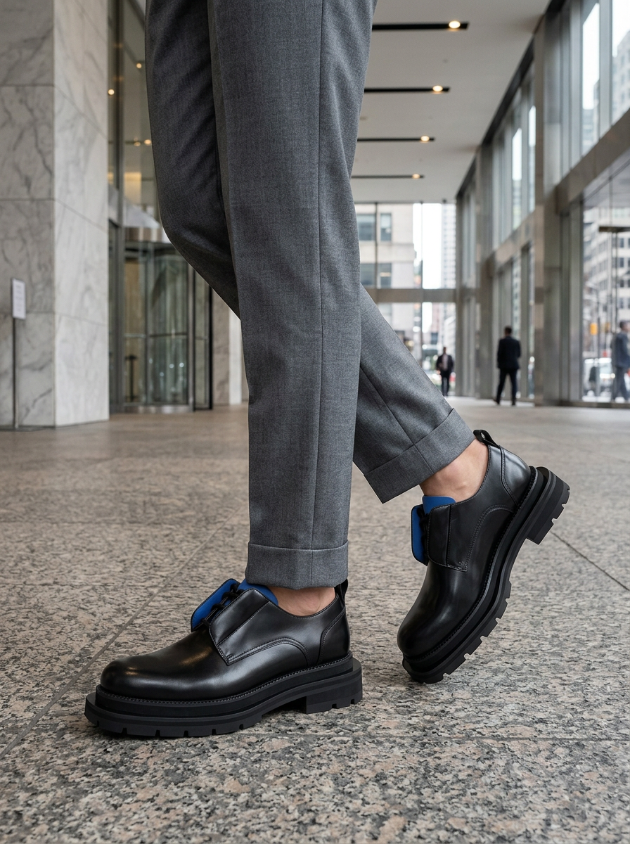 Black Blue Lug Sole Derby Shoes outfit scenario