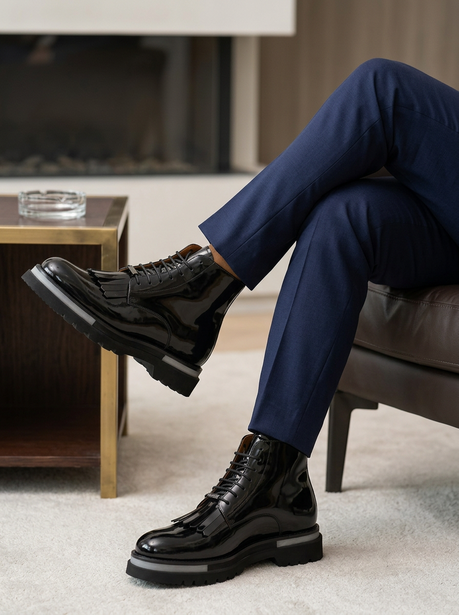 Schwarze Lackleder-Stiefel mit Fransen und Stollensohle outfit scenario