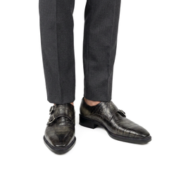 Charcoal Crocodile Double Monk Shoes