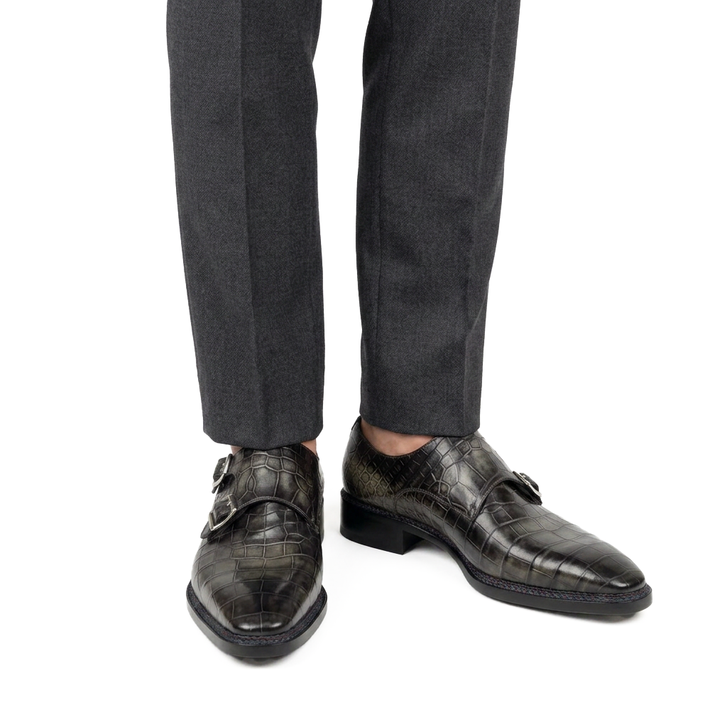 Charcoal Crocodile Double Monk Shoes