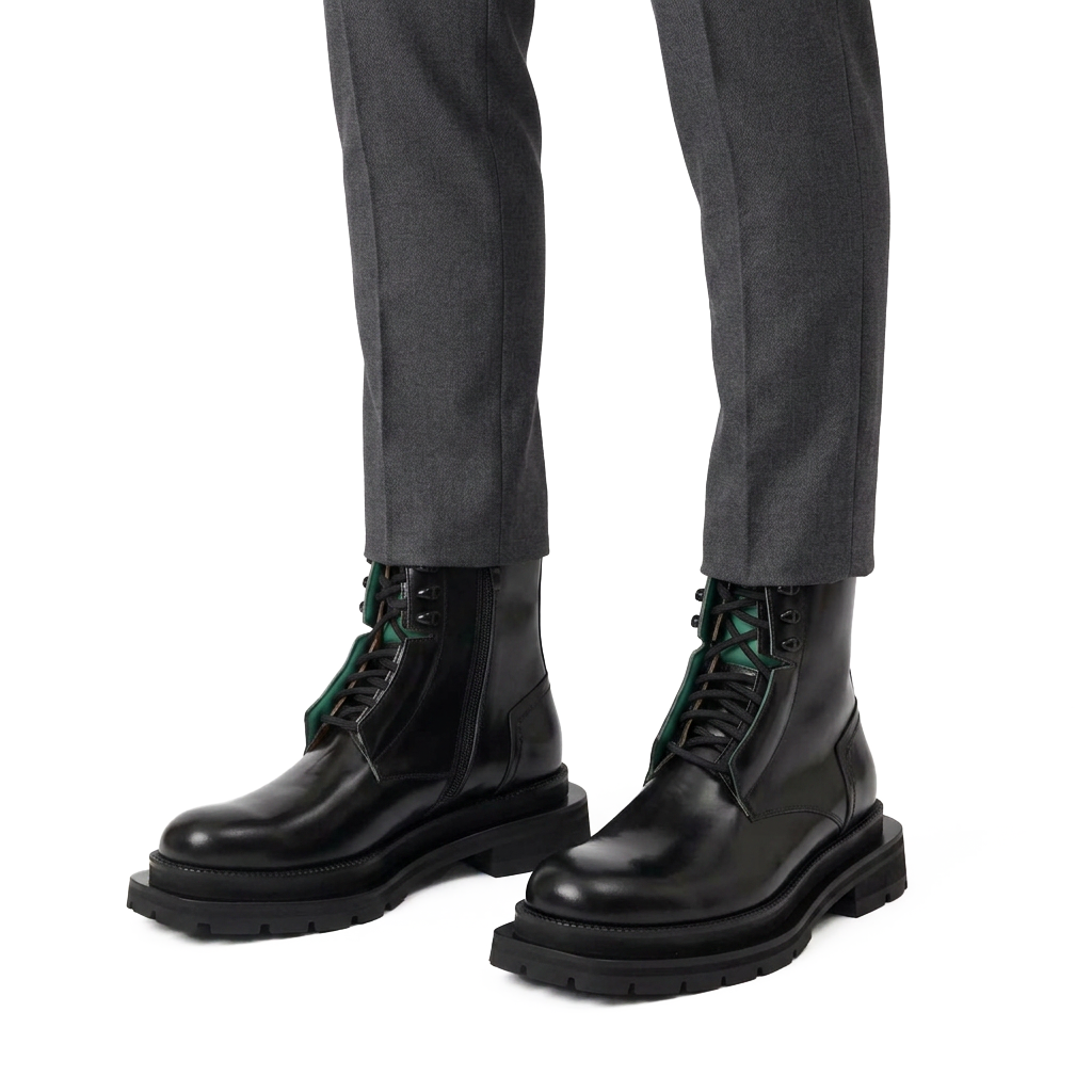 Black Leather Side-Zip Lug Sole Boots