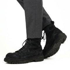 Black‑Grey Suede Lace-Up Combat Boots