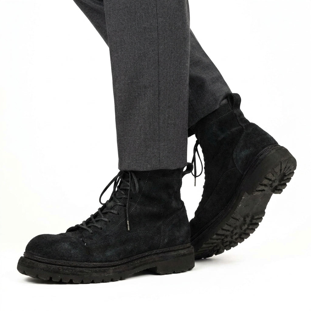 Black‑Grey Suede Lace-Up Combat Boots
