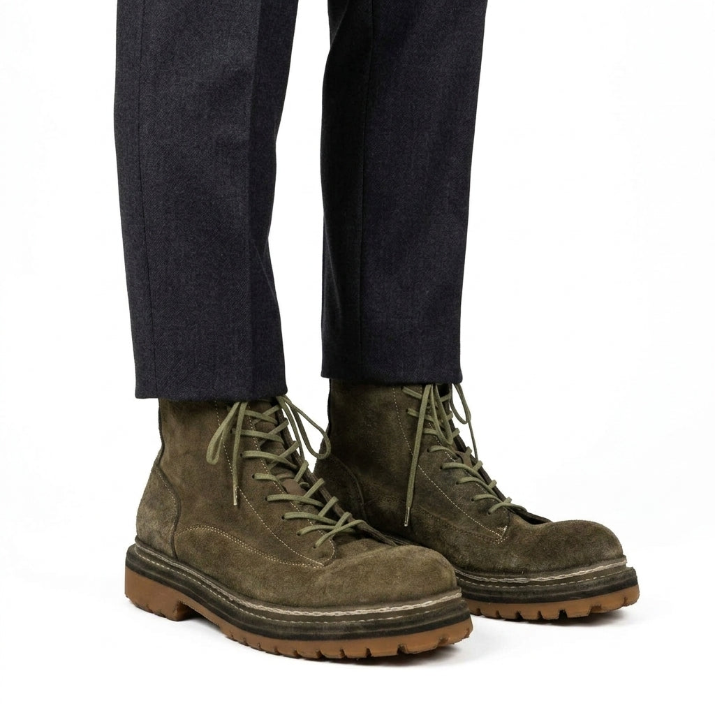 Olive Suede Lace-Up Combat Boots