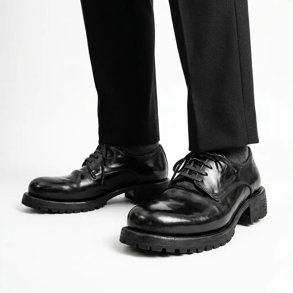 Jet Black Washed Horse Leather Derby