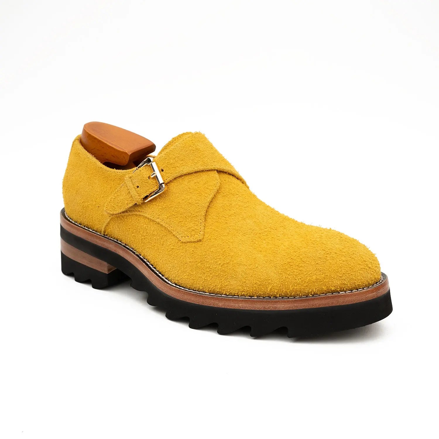 Lemon Yellow Cow Suede Monk Strap Shoes DIVINCH