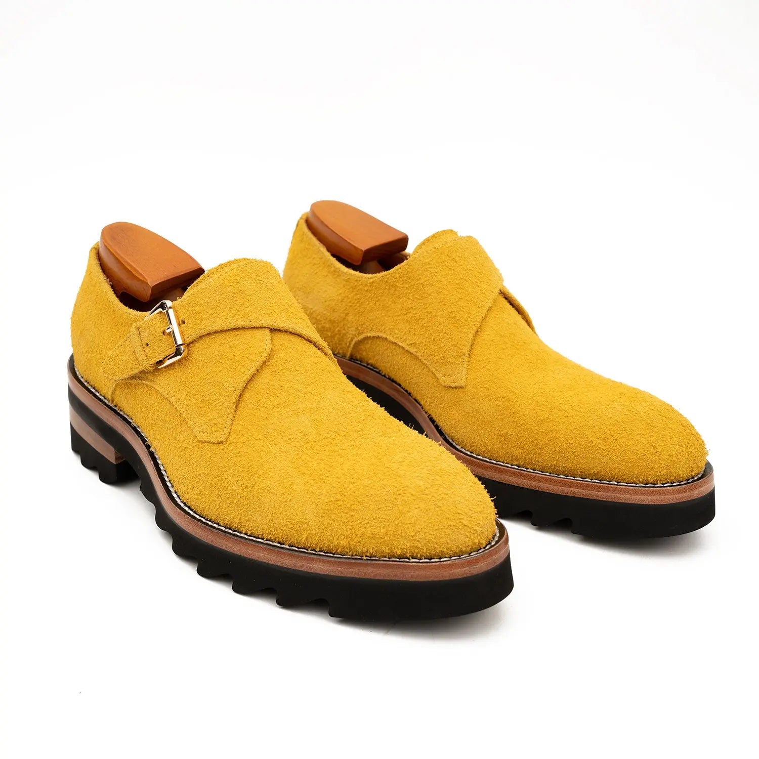 Lemon Yellow Cow Suede Monk Strap Shoes DIVINCH