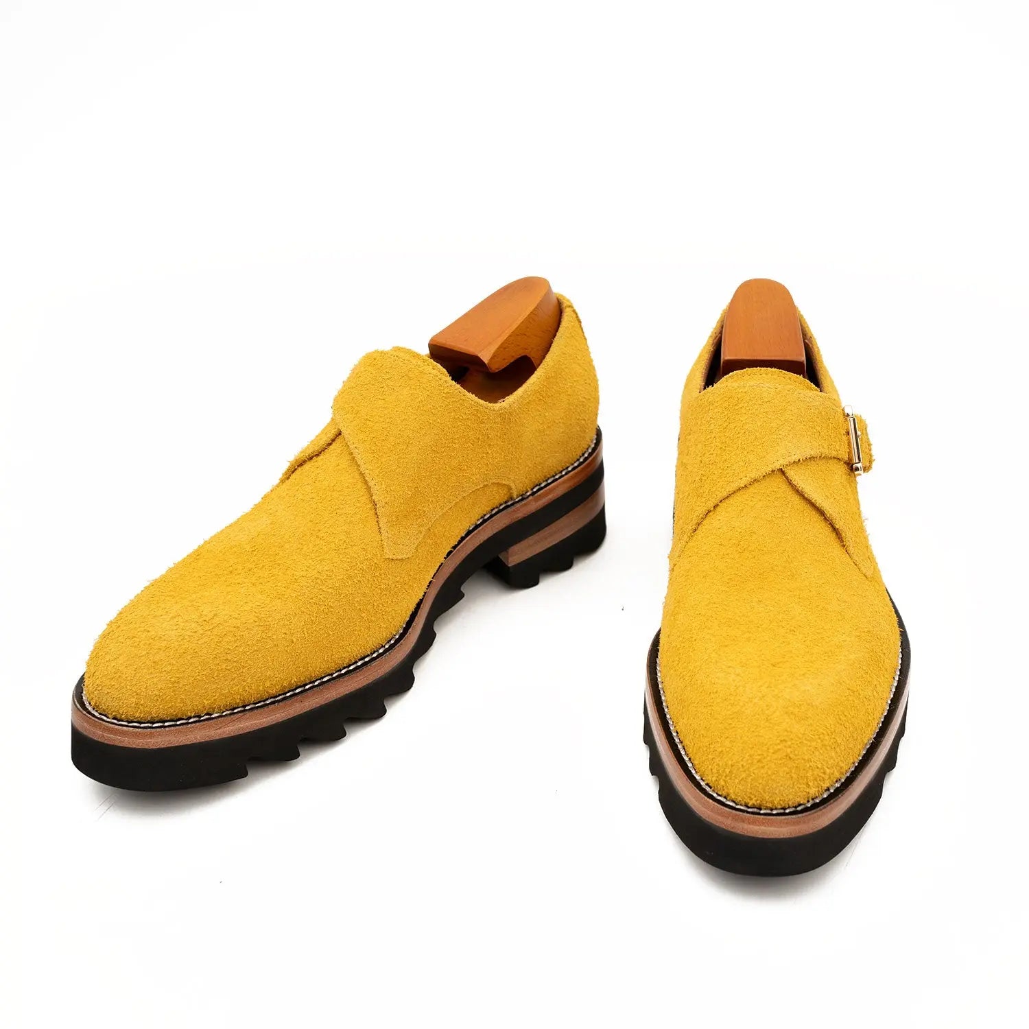 Lemon Yellow Cow Suede Monk Strap Shoes DIVINCH