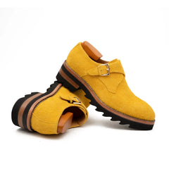 Lemon Yellow Cow Suede Monk Strap Shoes DIVINCH