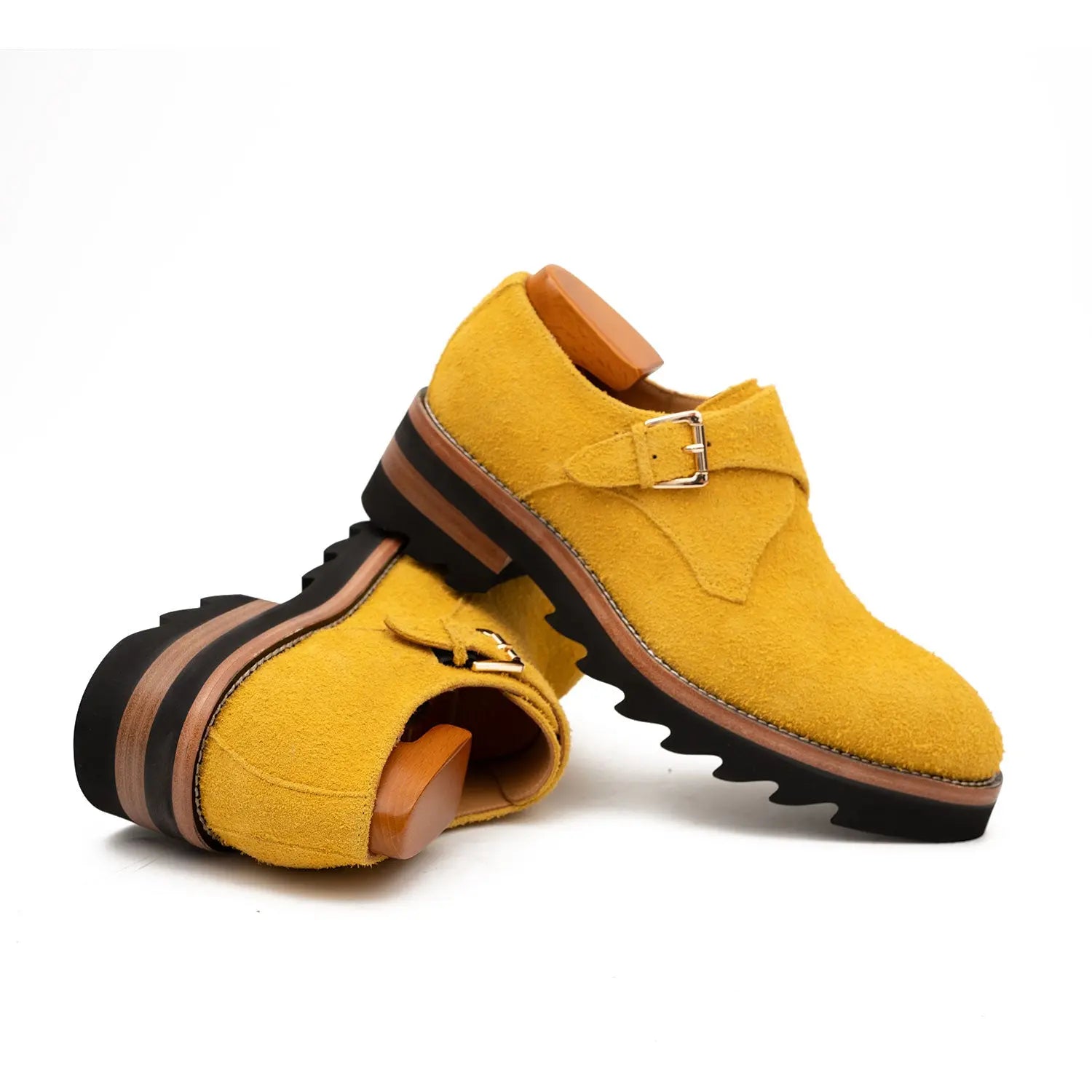 Lemon Yellow Cow Suede Monk Strap Shoes DIVINCH