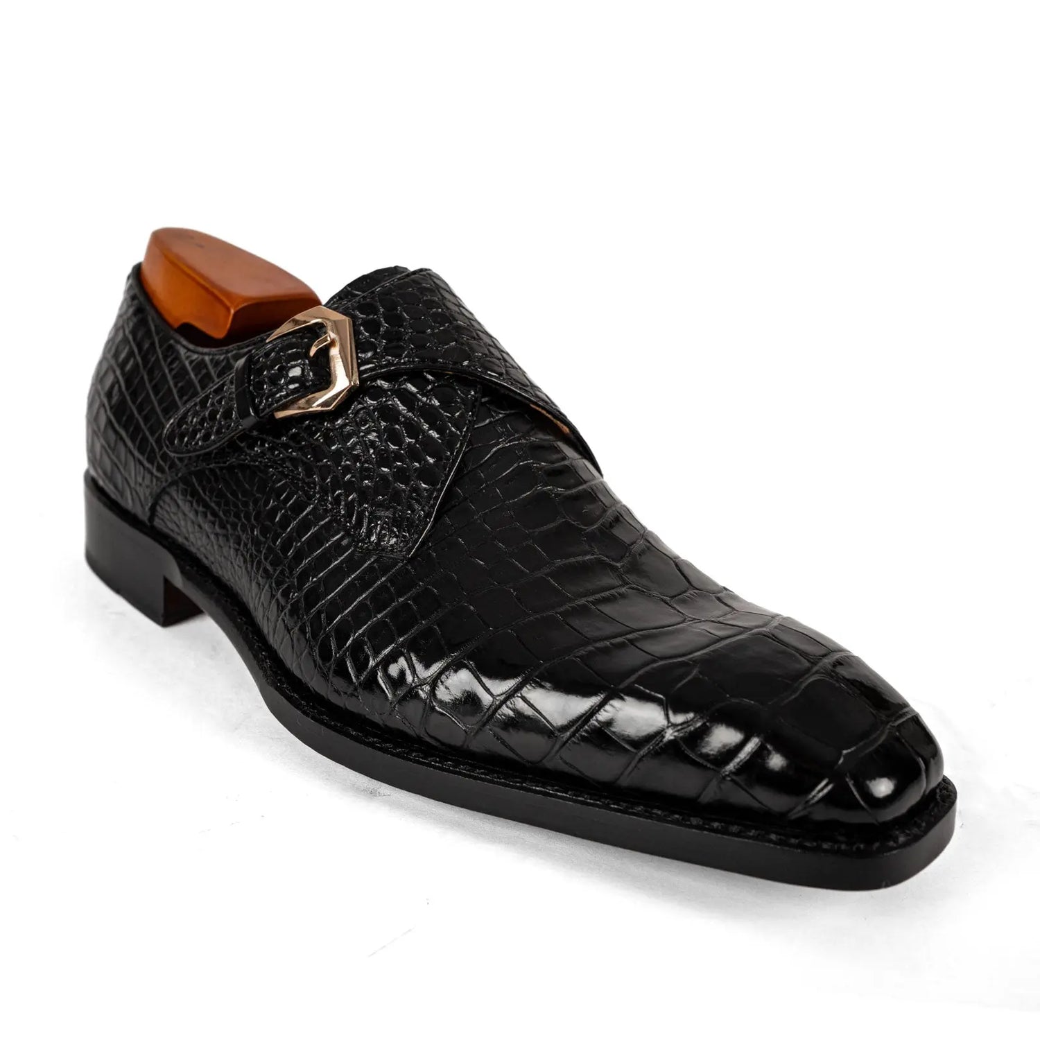 Men's Black Crocodile Single Monk Shoes