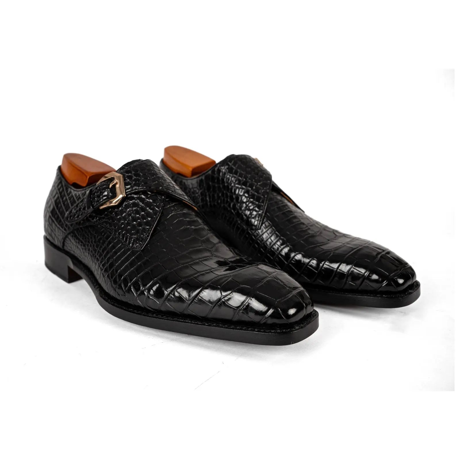 Men's Black Crocodile Single Monk Shoes DIVINCH