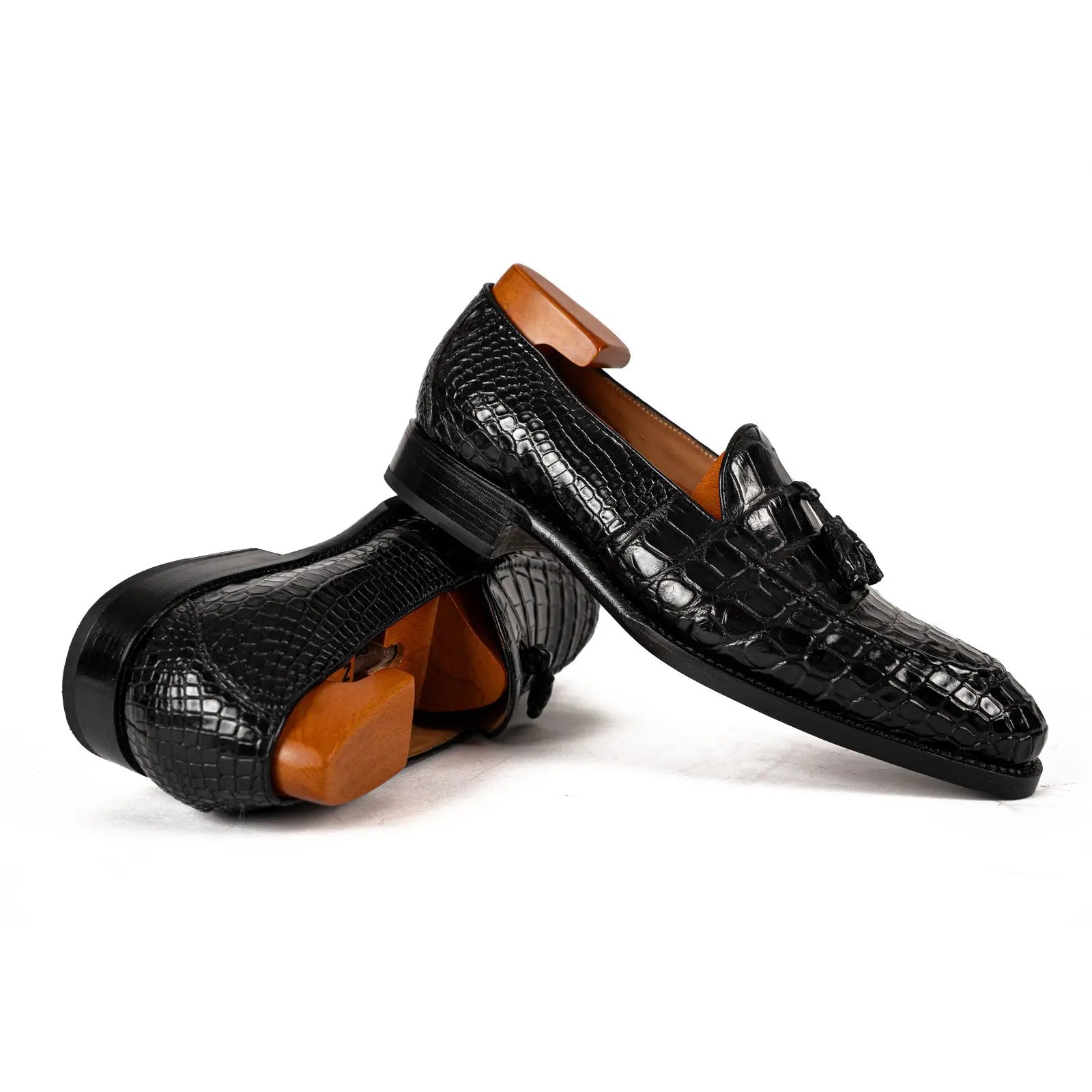 Men's Black Crocodile Tassel Loafers DIVINCH