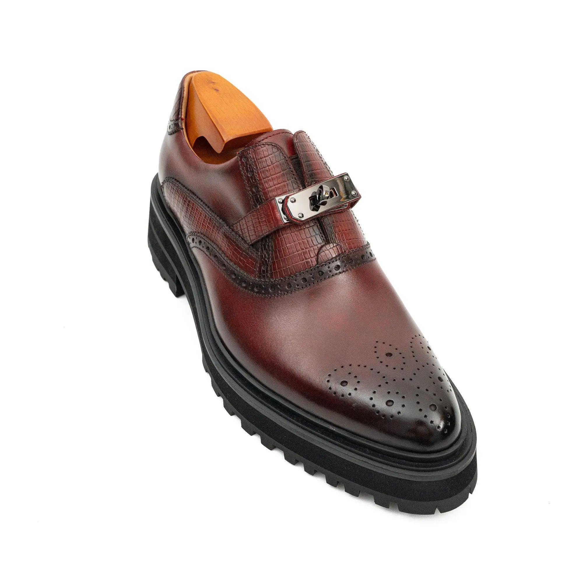 Men's Brogue Detail Leather Loafers Burgundy Divinch