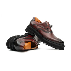 Men's Brogue Detail Leather Loafers Burgundy Divinch