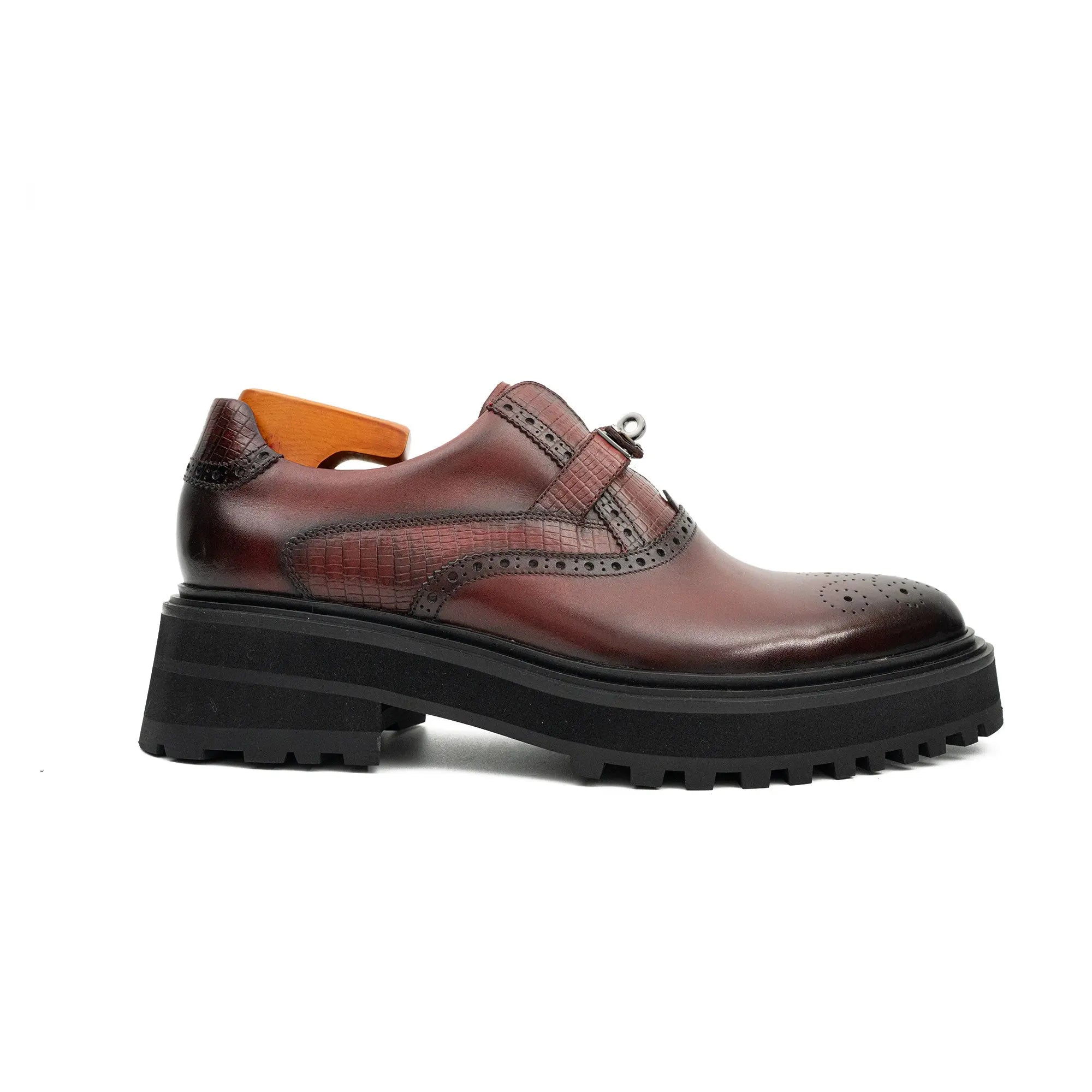 Men's Brogue Detail Leather Loafers Burgundy Divinch