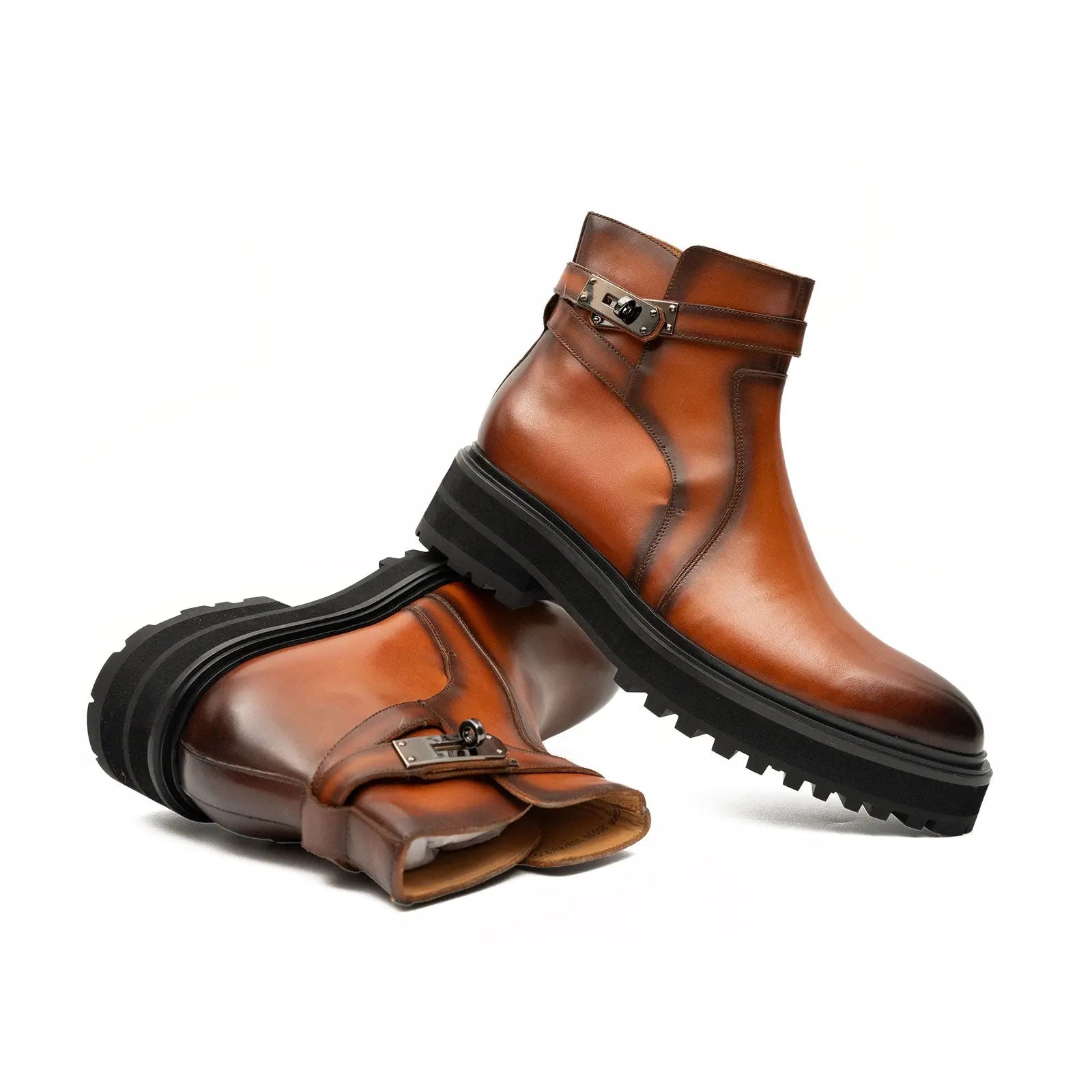 Men's Brown Calfskin Buckle Chelsea Boots DIVINCH