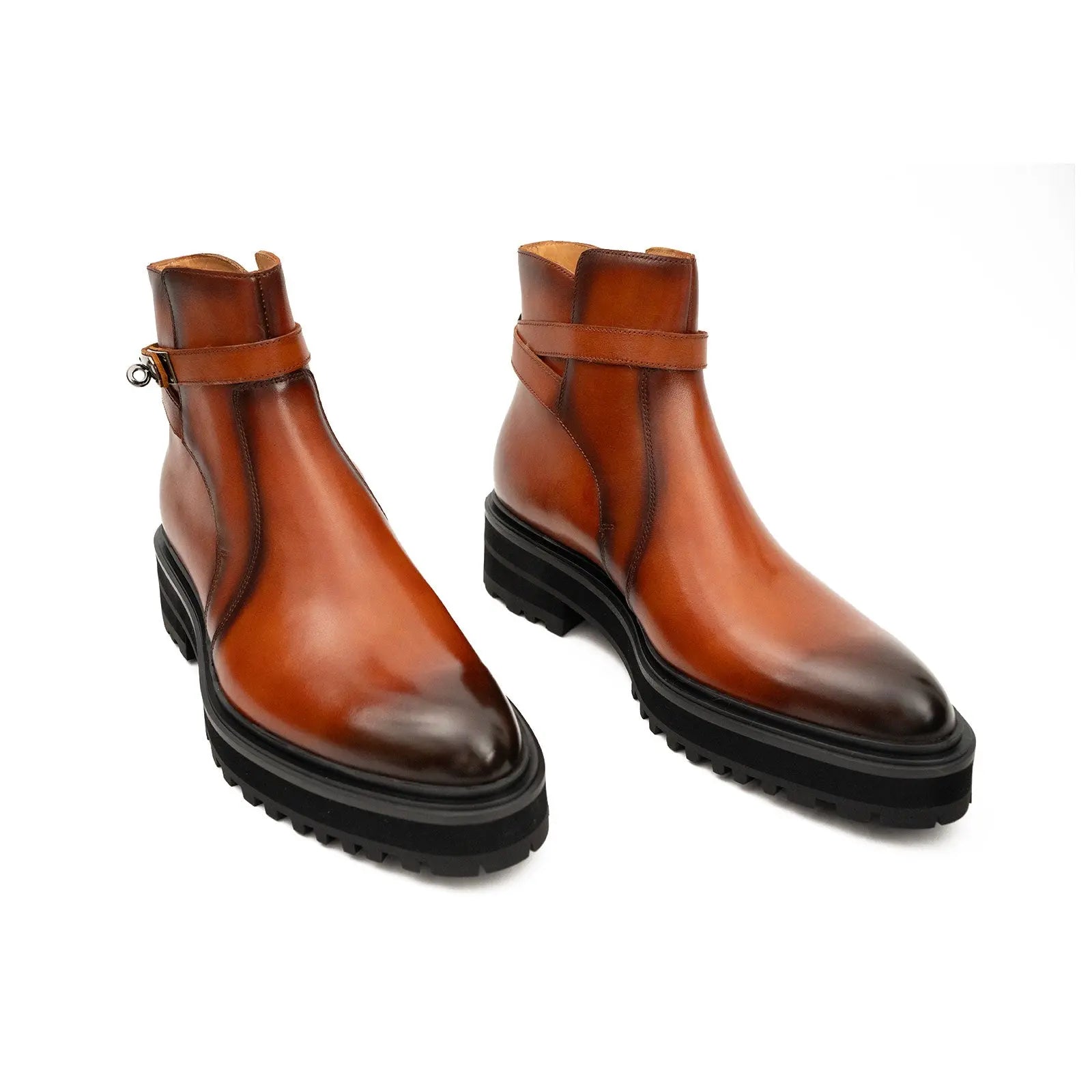 Brown Leather Buckle Pull-on Chelsea Boots