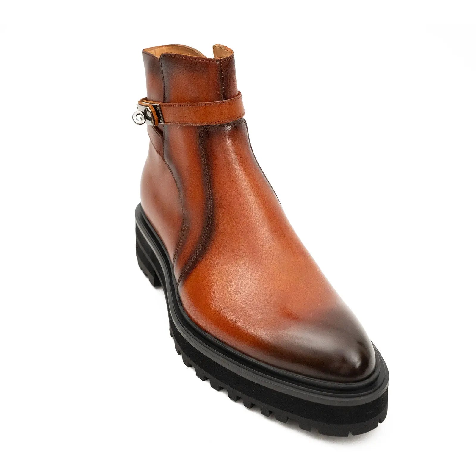 Brown Leather Buckle Pull-on Chelsea Boots