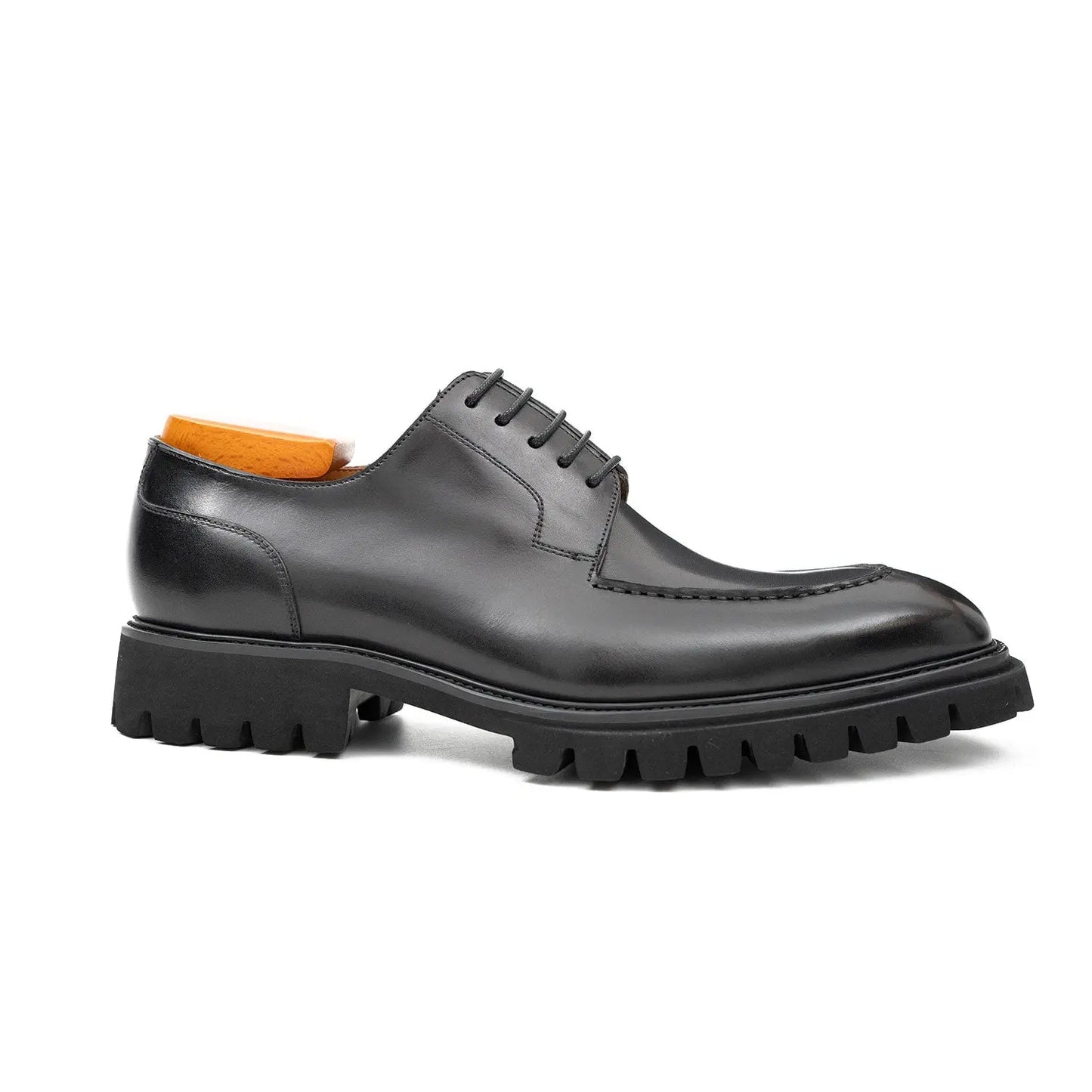 Men's Classic Black Derby Leather Shoes with Lug Sole Divinch