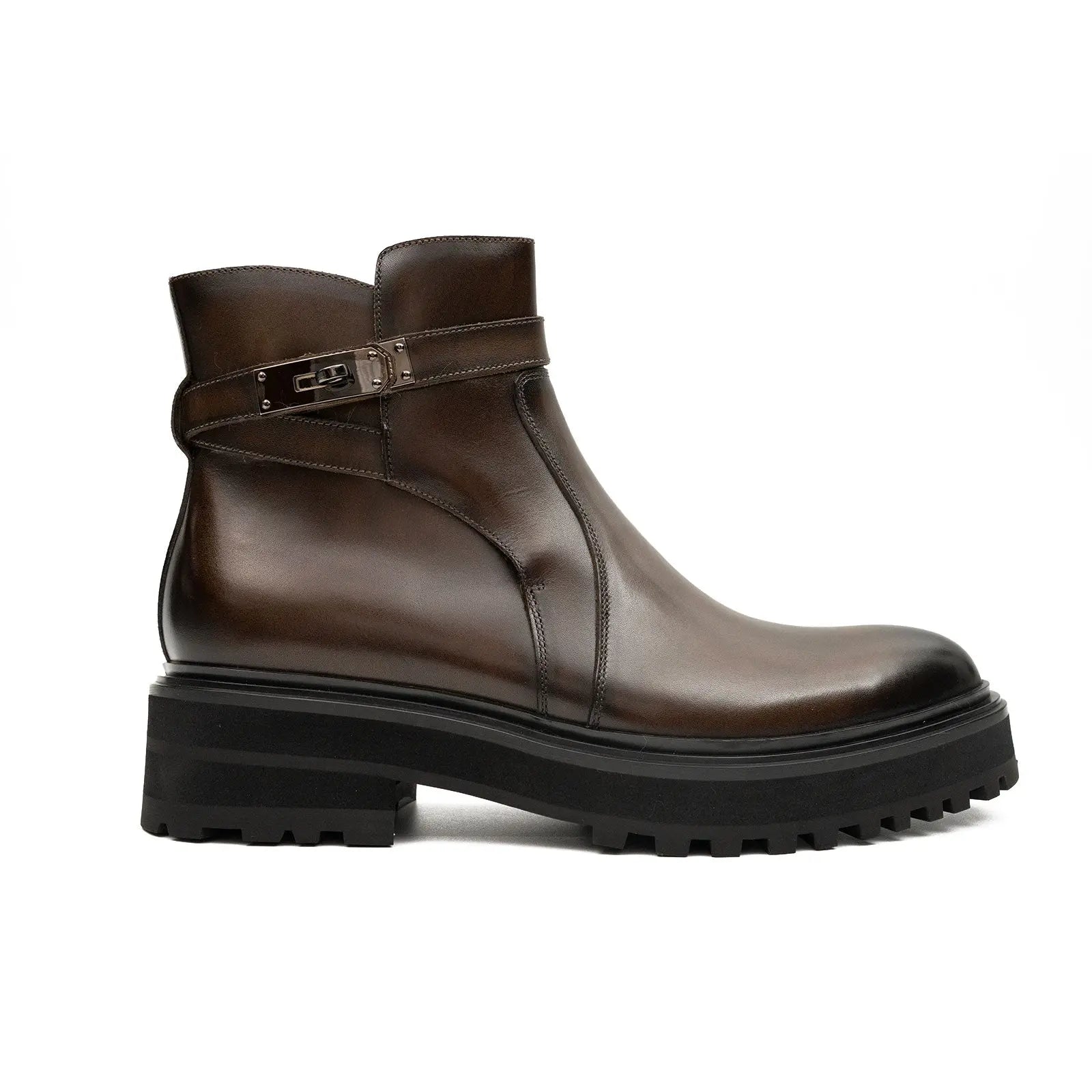 Men's Coffee Calfskin Buckle Chelsea Boots DIVINCH