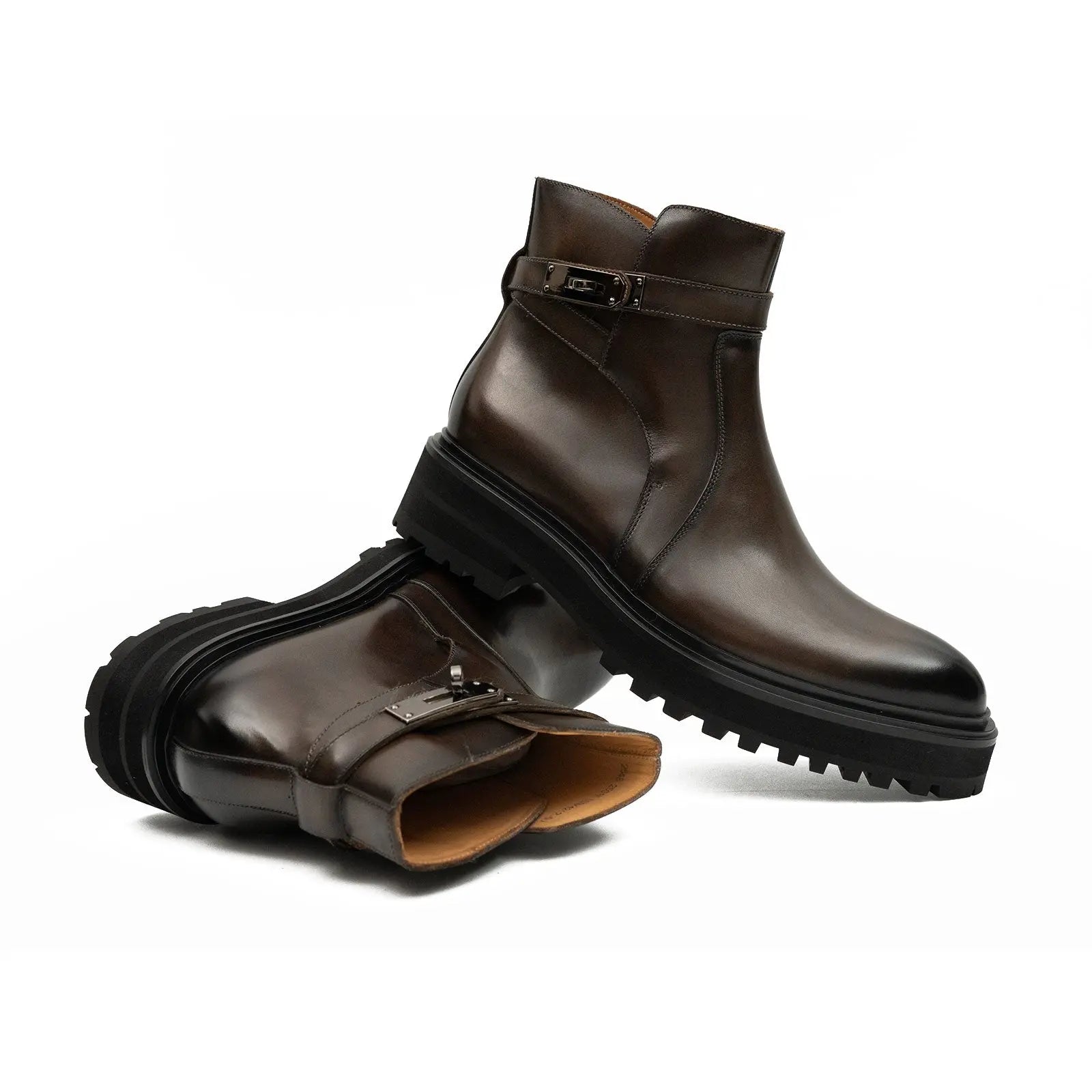 Men's Coffee Calfskin Buckle Chelsea Boots DIVINCH