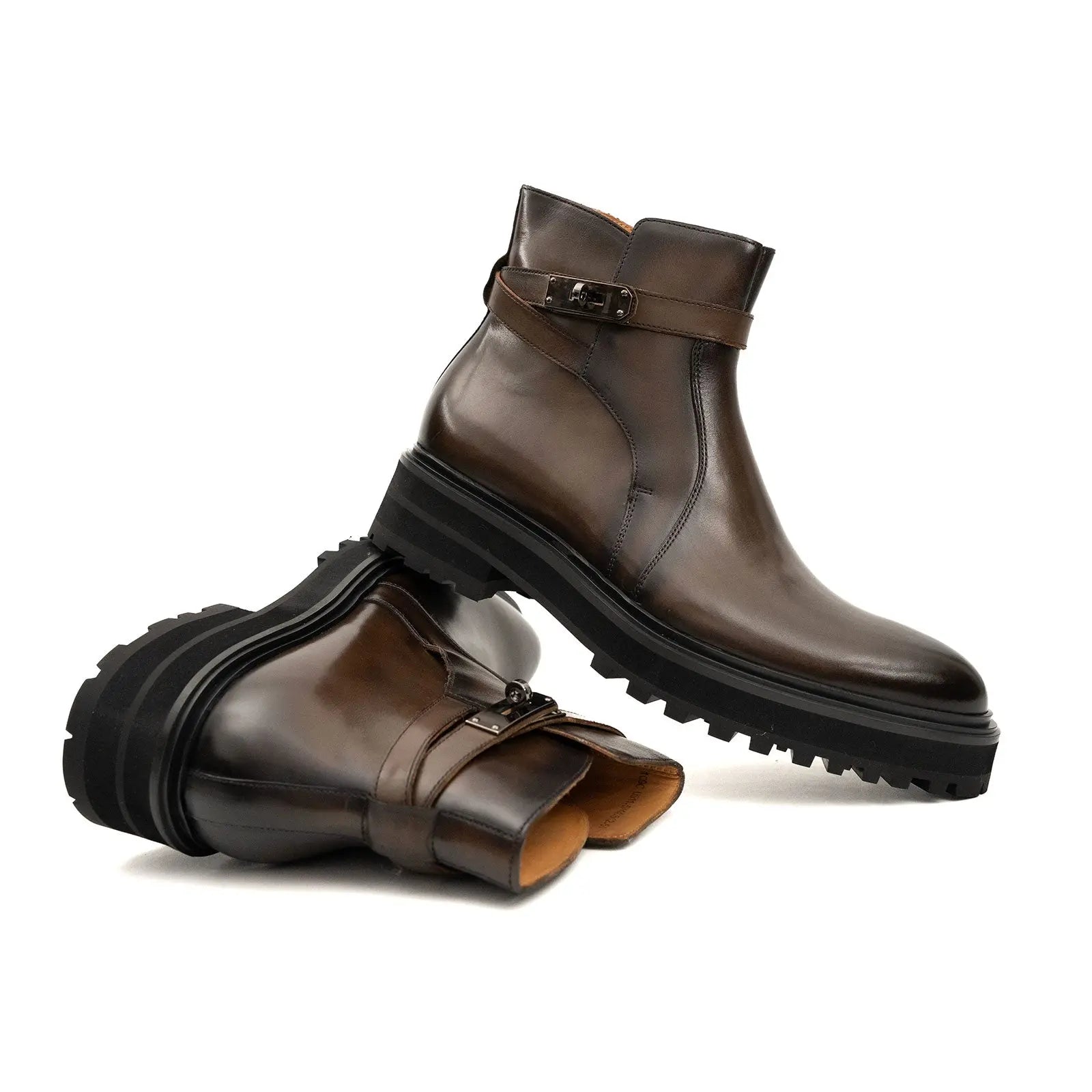 Calfskin Double Buckle Chelsea Boots Coffee Brown