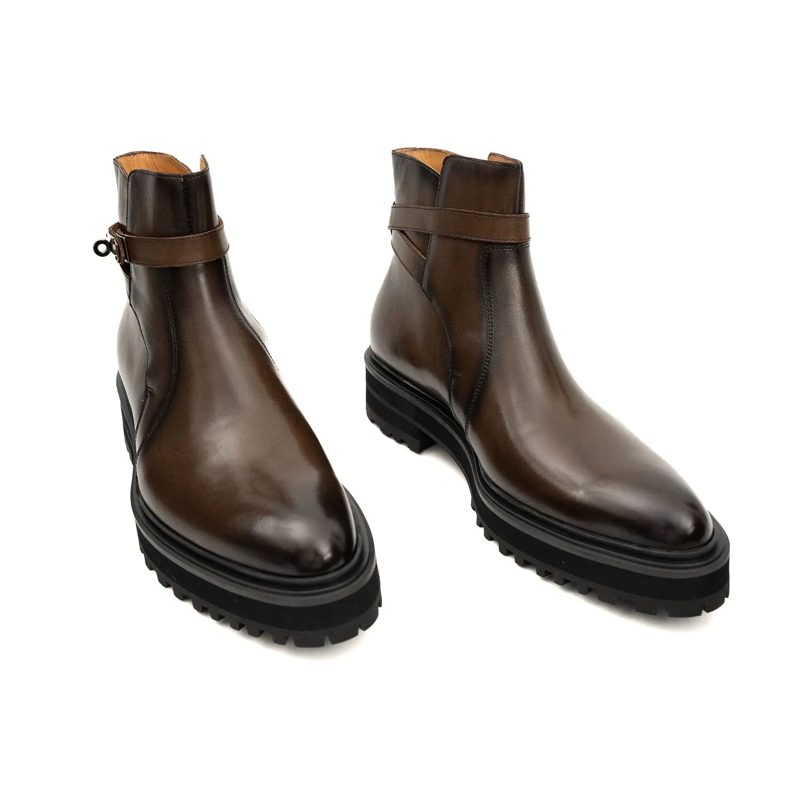 Calfskin Double Buckle Chelsea Boots Coffee Brown