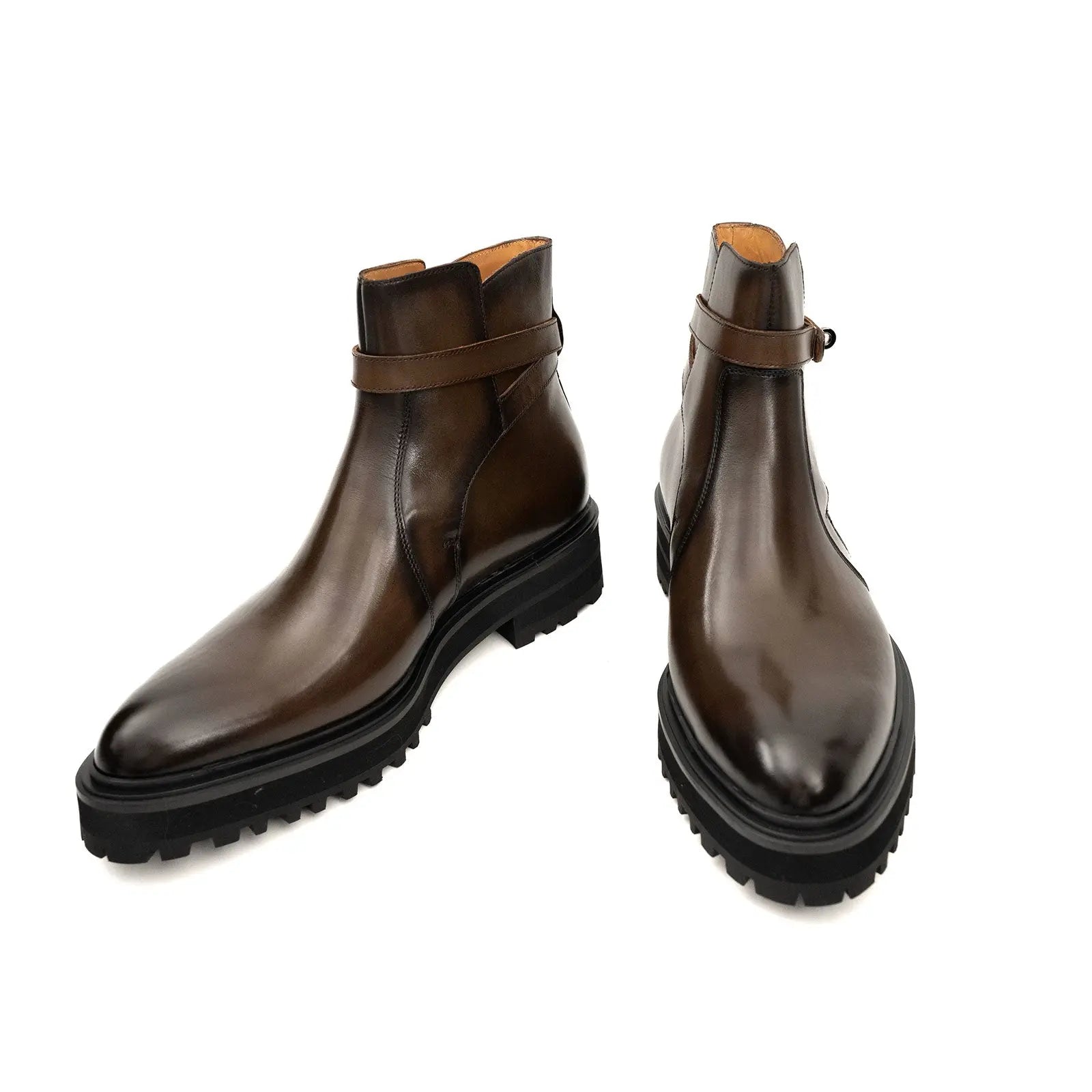 Calfskin Double Buckle Chelsea Boots Coffee Brown